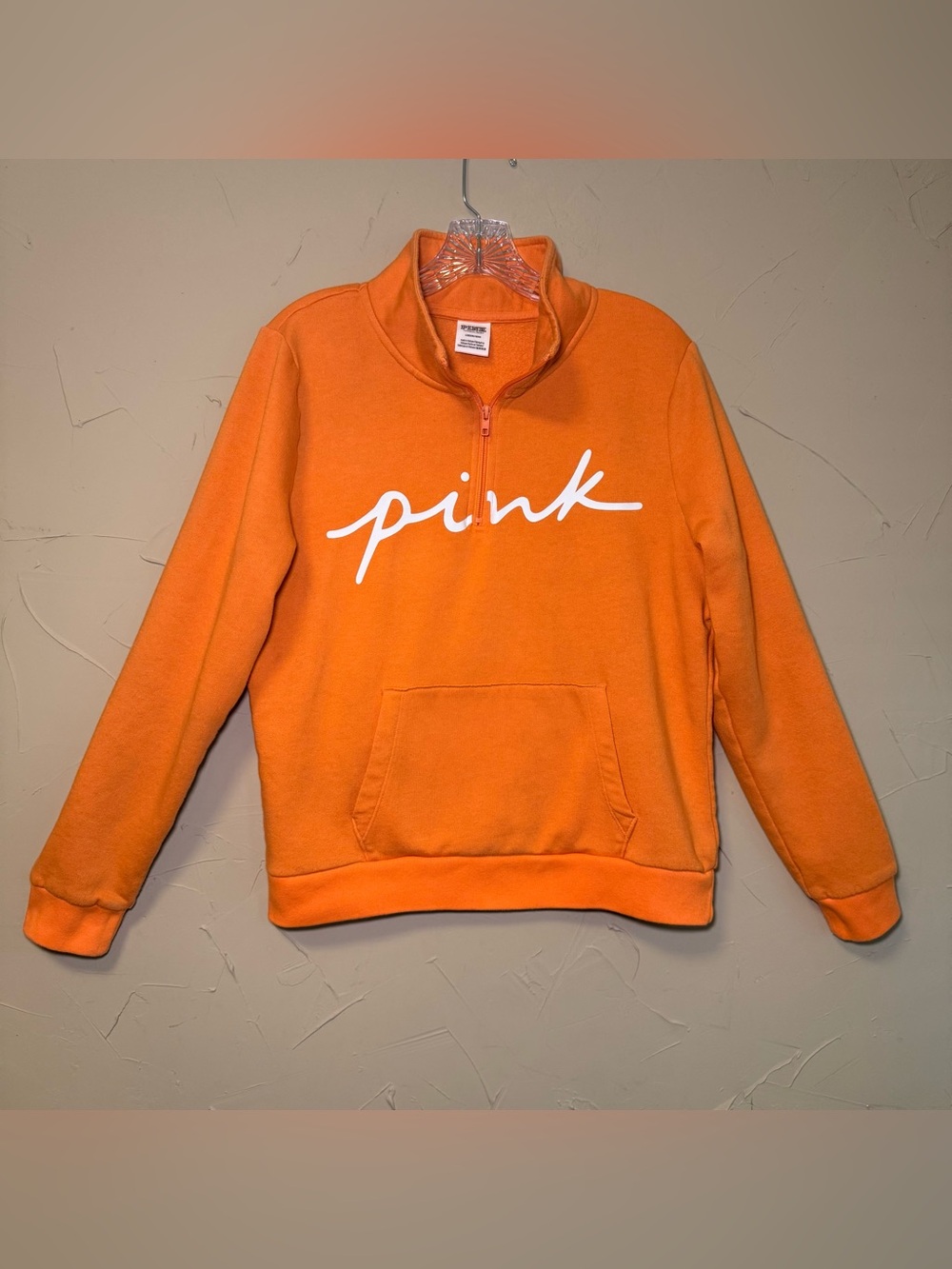 VS PINK Large Sweet Papaya Orange Fleece Quarter Zip Script Logo Pullover Hoodie